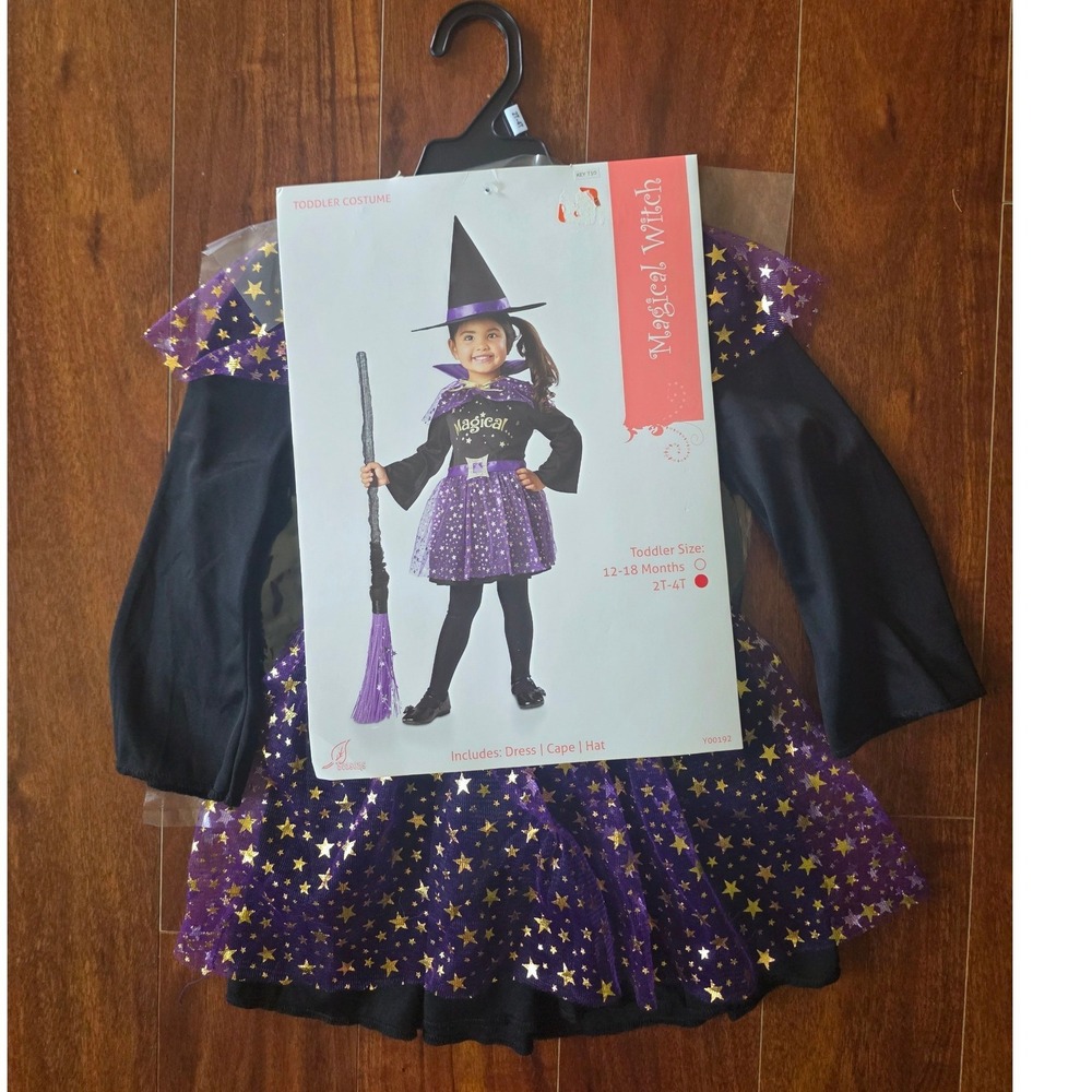 Magical Witch Toddler Halloween Costume Dress Cape Hat Purple Black 2T-4T NEW